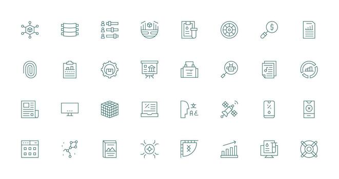 datos presentando 32 íconos en Delgado línea diseño flexible icono sistema para web interfaces vector