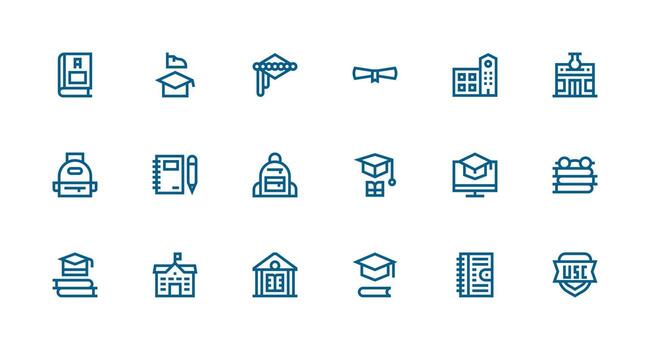 College Design Icons featuring 18 in Strong Stroke Line Style Minimal Icon Set for Interface Projects vector