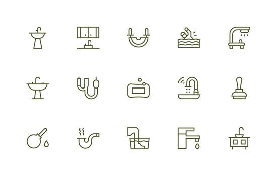 Sink Icon Set with 15 Regular Line Graphics Flexible Icon System for Web Interfaces vector