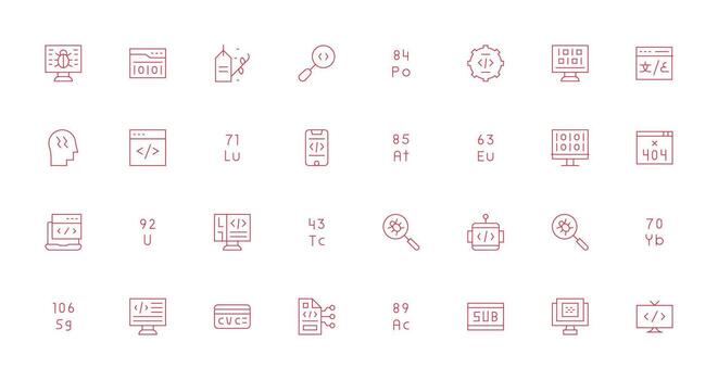 código presentando 32 íconos en Delgado línea diseño ligero icono serie vector
