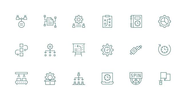 flujo de trabajo presentando 18 íconos en mínimo línea diseño editable icono colección vector