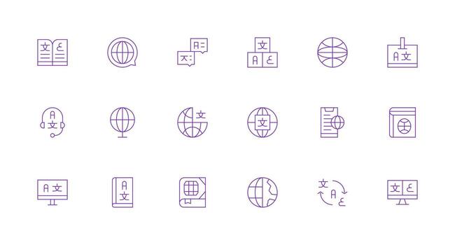 Multilingual Design Icons featuring 18 in Minimal Line Style Interface Icon Collection for Daily Projects vector