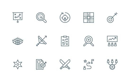 Strategy Icon Collection with 15 Regular Line Designs Sharp Icons for Presentations vector