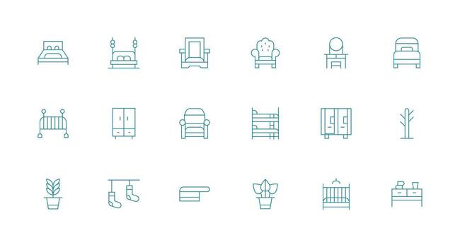 Bedroom Icon Set with 18 Minimal Line Graphics Neutral Style Icons for Any Project vector
