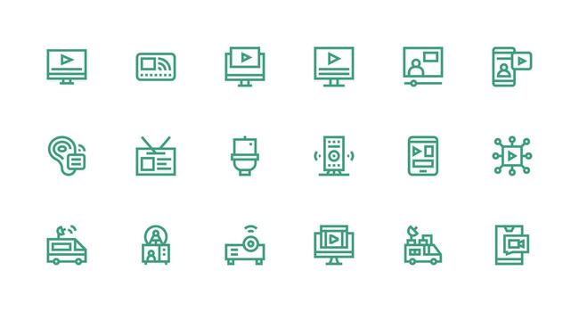 Streaming Design Icons featuring 18 in Strong Stroke Line Style Fully Editable Icon Set for Web vector