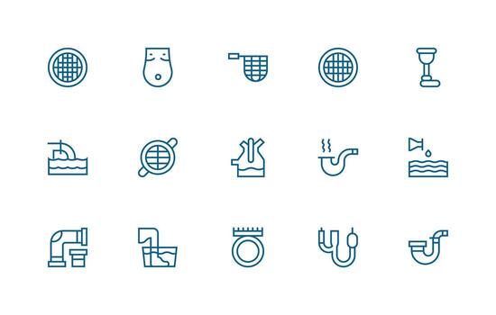 Drain Icon Set with 15 Regular Line Graphics Complete Icon Bundle for Web Design vector