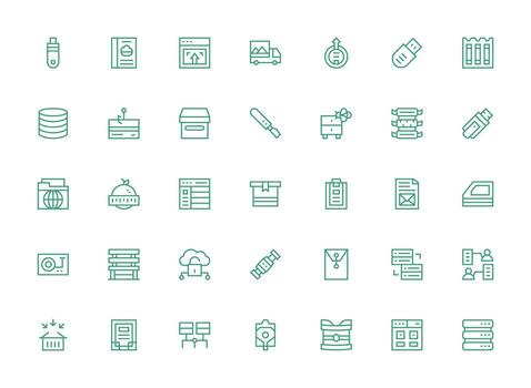 Regular Clean Line Style Data Storage Icons with 35 Vectors Fully Editable Icon Set for Web