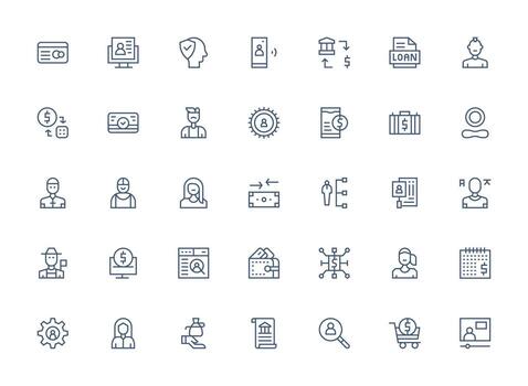 Account Design Icons featuring 35 in Regular Clean Line Style Core Icon Collection for Daily Tasks vector