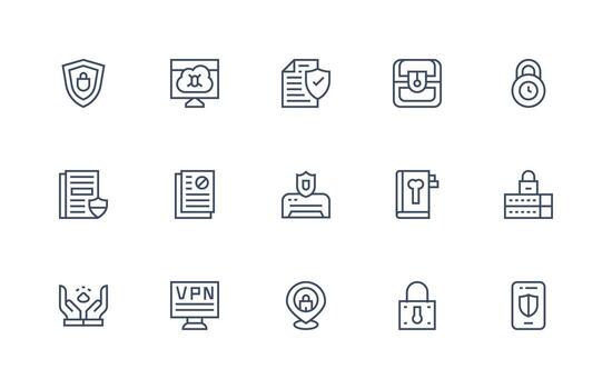 15 Icons for Data Protection in Regular Line Format Icon Set for Apps vector
