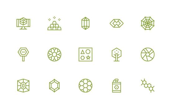 hexágono presentando 15 íconos en regular línea diseño íconos construido para visual consistencia paquete vector