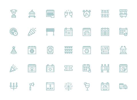 35 íconos para evento en ligero línea formato completar icono conjunto para móvil aplicaciones vector