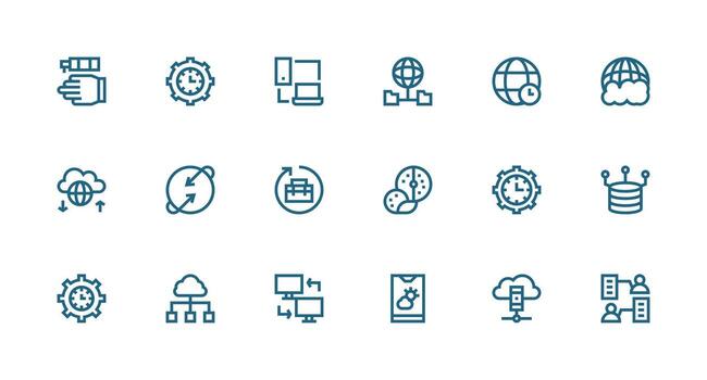 Synchronization Design Icons featuring 18 in Strong Stroke Line Style Essential Icon Set for Teams vector