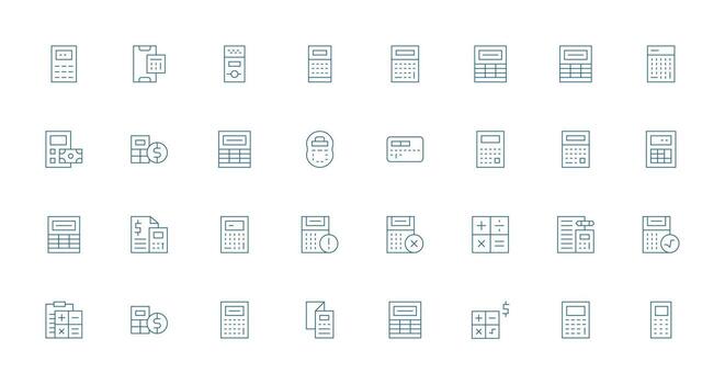 Calculator Icon Collection with 32 Thin Line Designs Complete Icon Set for Mobile Apps vector