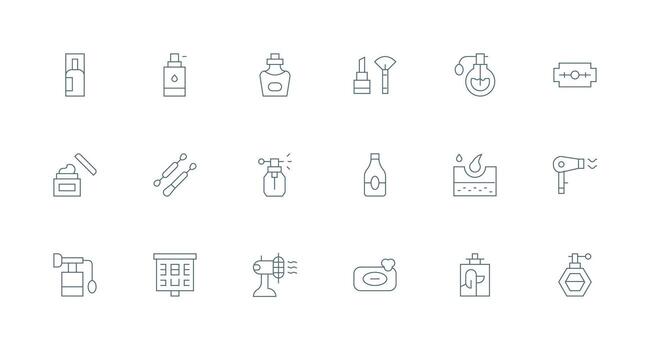 productos cosméticos conjunto con 18 mínimo línea íconos agudo íconos para presentaciones vector