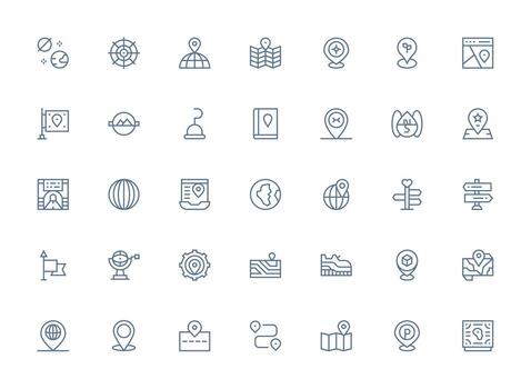 Map Design Icons featuring 35 in Regular Clean Line Style Essential Icon Set for Teams vector