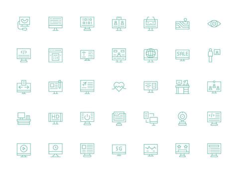 Monitor Design Icons featuring 35 in Light Line Style Scalable Icons for Cross-Platform Interfaces vector