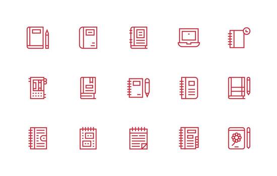 cuaderno visual paquete conteniendo 15 regular línea íconos limpiar icono paquete vector