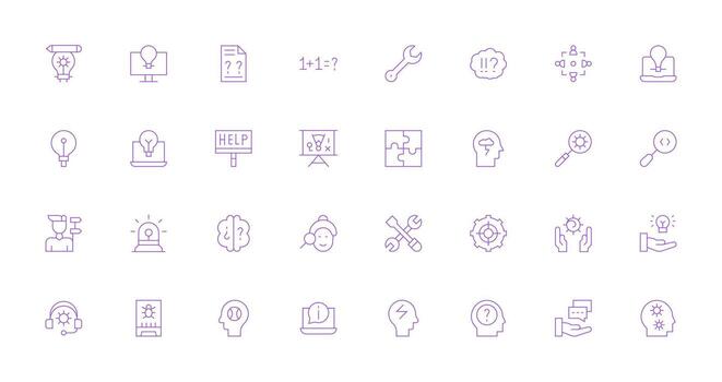 Delgado línea íconos desde problema resolviendo conjunto con 32 vectores funcional icono serie