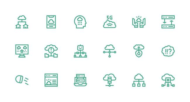 nube informática presentando 18 íconos en fuerte carrera línea diseño flexible icono sistema para web interfaces vector