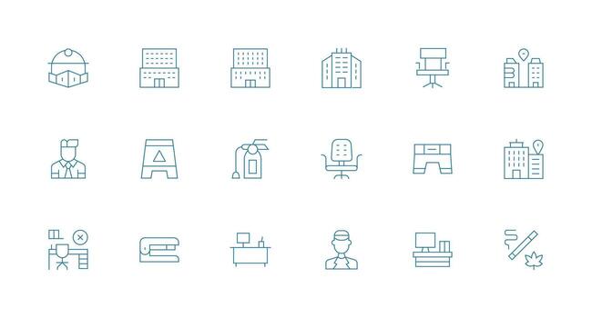 18 íconos para lugar de trabajo en mínimo línea formato tablero icono serie vector