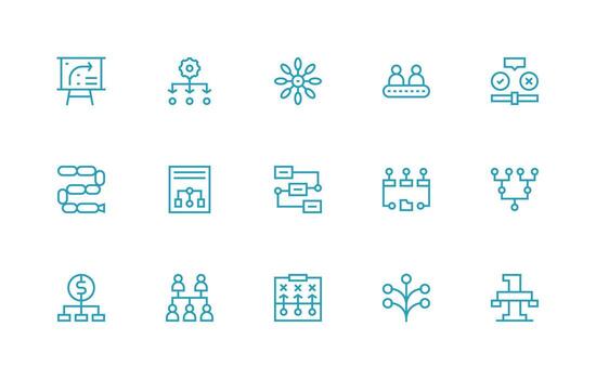 Flowchart featuring 15 Icons in Regular Line Design Dashboard Icon Series vector