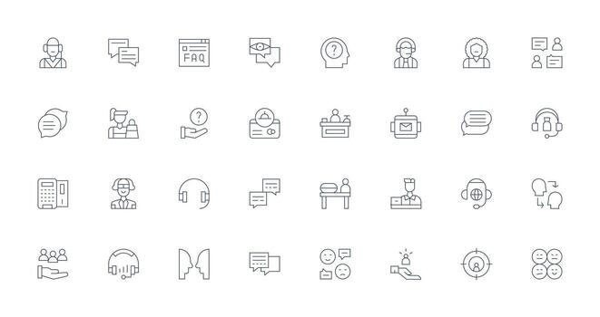 Delgado línea íconos desde cliente Servicio conjunto con 32 vectores general utilizar icono paquete