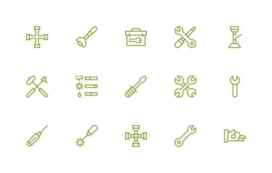 Wrench Icon Set with 15 Regular Line Graphics Modern Line and Glyph Icon Series vector