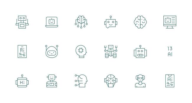 18 artificial inteligencia íconos en mínimo línea estético simplificado icono paquete para visual herramientas vector