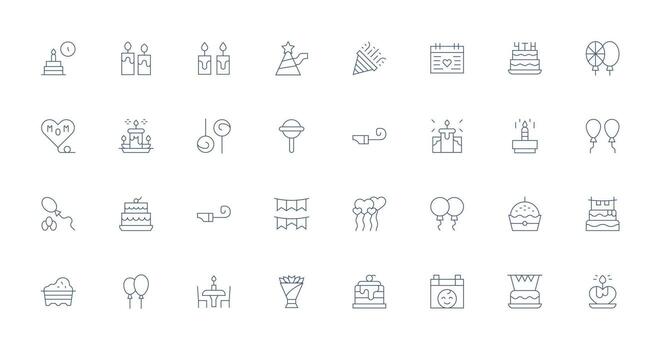 Birthday Icon Set with 32 Thin Line Graphics User Interface Icons for Digital Products vector
