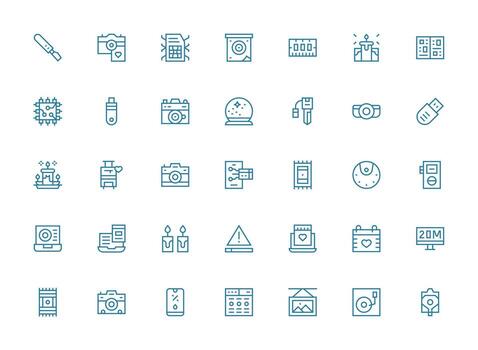 Memory Design Icons featuring 35 in Regular Clean Line Style Pixel Perfect Icon Set vector