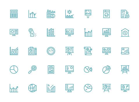 Statistics Icon Set with 35 Regular Clean Line Graphics Sharp Icons for Presentations vector