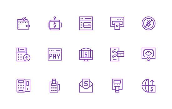 Financial Transaction featuring 15 Icons in Regular Line Design Reusable Icon Set vector