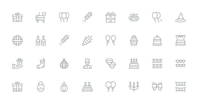 Delgado línea estilo festivo íconos con 32 vectores sensible icono conjunto para flexible diseños