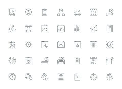 calendario icono conjunto con 35 ligero línea gráficos sencillo íconos para interfaz y wireframes vector