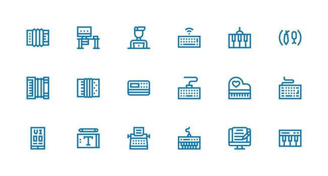 teclado presentando 18 íconos en fuerte carrera línea diseño píxel Perfecto icono conjunto vector