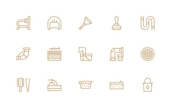 15 Icons for Drain in Regular Line Format Web Icon Collection vector