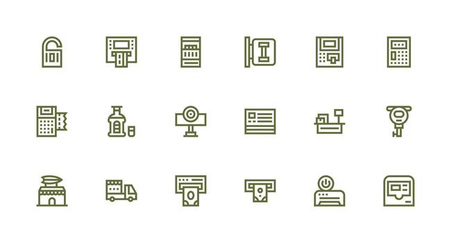 Kiosk Design Icons featuring 18 in Strong Stroke Line Style Neat Icon Set vector