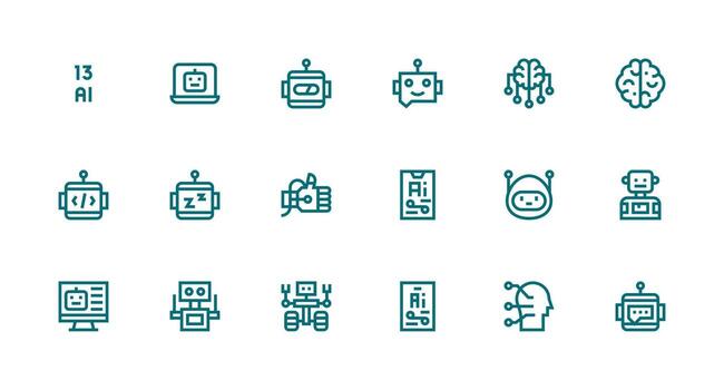 artificial inteligencia icono conjunto con 18 fuerte carrera línea gráficos personalizable icono serie para móvil pantallas vector