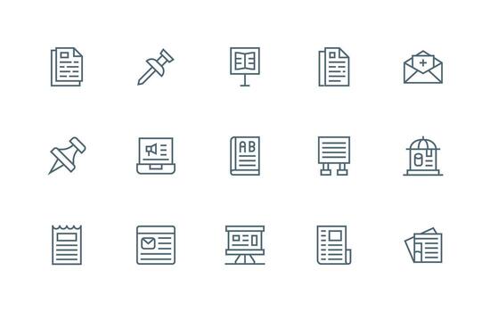 Bulletin Design Icons featuring 15 in Regular Line Style App Icon Pack vector