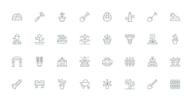paisajismo icono conjunto con 32 Delgado línea gráficos usuario interfaz íconos para digital productos vector