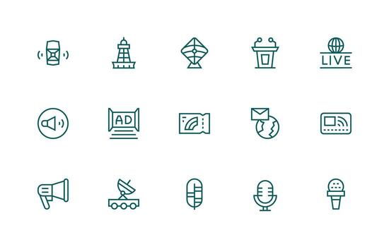 Broadcasting Icon Set with 15 Regular Line Graphics High-Quality Icon Pack vector