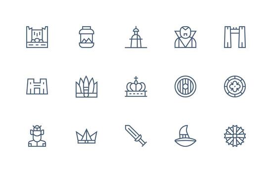 15 Medieval Icons in Regular Line Aesthetic Responsive Icon Set for Flexible Layouts vector
