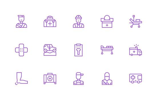 15 regular línea íconos para trauma gráficos sencillo icono paquete vector