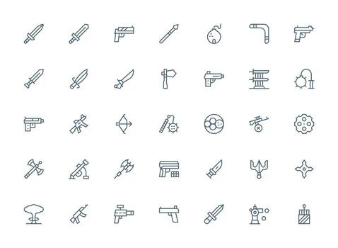 Regular Clean Line Icons from Weapon Set with 35 Vectors All Device Compatible Icon Set