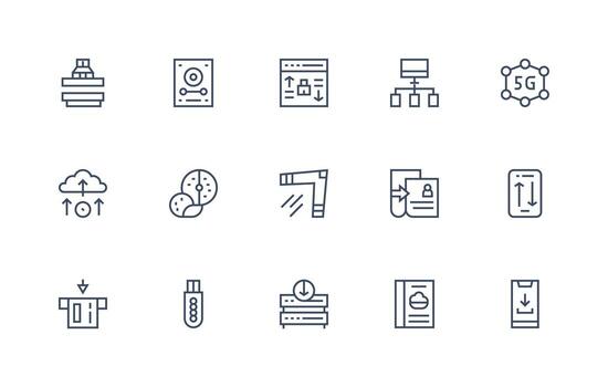 15 regular línea vectores para datos transferir tema plano icono conjunto