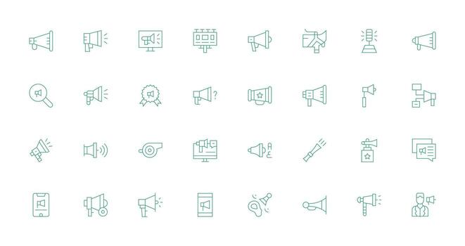 Megaphone Design Icons featuring 32 in Thin Line Style Professional Icon Pack for Development Work vector