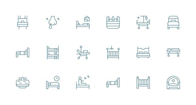 Bed featuring 18 Icons in Minimal Line Design Simple Icons for Interface and Wireframes vector