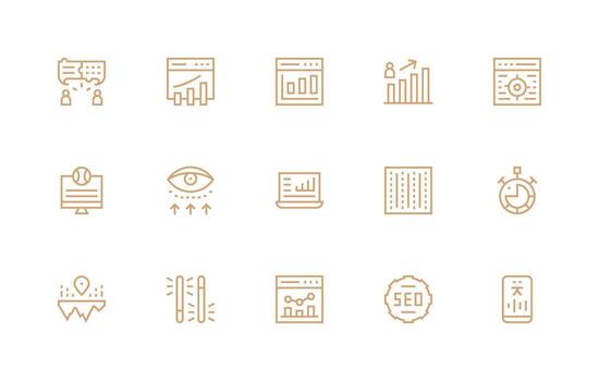 15 íconos para analítica en regular línea formato diseño Listo icono conjunto para equipos vector