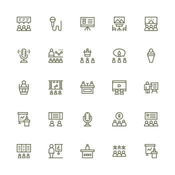 conferencia icono colección con 25 medio carrera contorno diseños icono paquete para ui vector