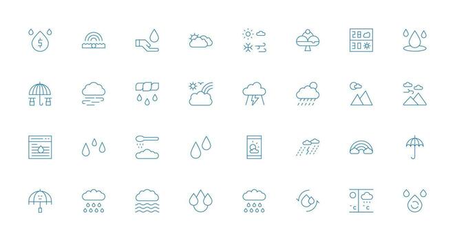 Rain Visual Pack containing 32 Thin Line Icons Essential Icon Set for Teams vector